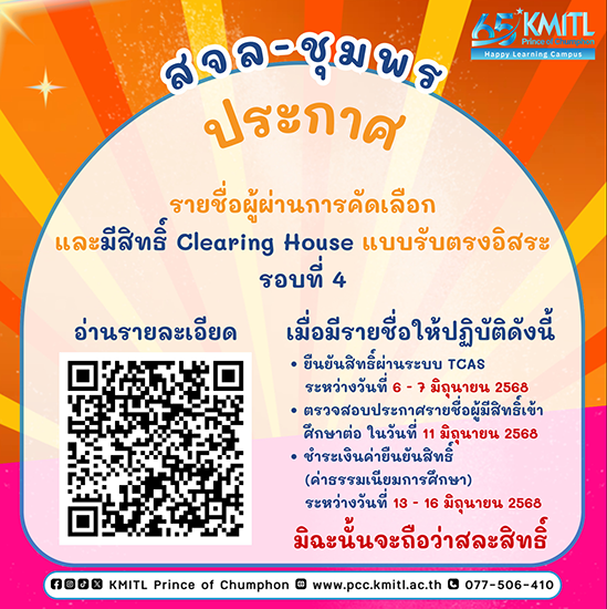 ประกาศรายชื่อผู้ผ่านการคัดเลือกและมีสิทธิ์ Clearing House TCAS4 แบบรับตรงอิสระ