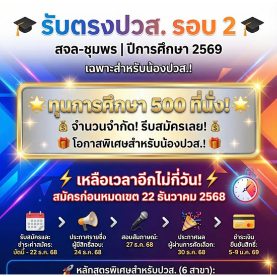 สจล-ชุมพร เปิดรับสมัครสอบตรง ปวส. เทียบโอน และปวส. ต่อเนื่อง รอบที่ 2