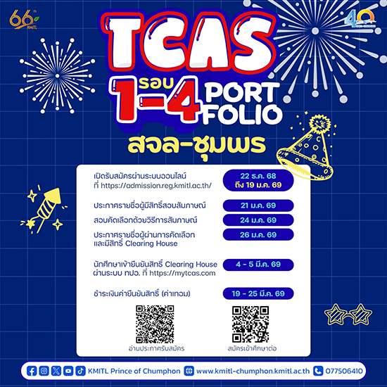 สจล-ชุมพร รับสมัครนักศึกษาใหม่ ระดับปริญญาตรี TCAS 1-4 Portfolio