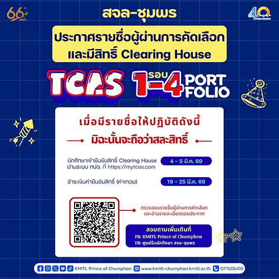 ประกาศรายชื่อผู้ผ่านการคัดเลือกและมีสิทธิ์ Clearing House TCAS 1-4