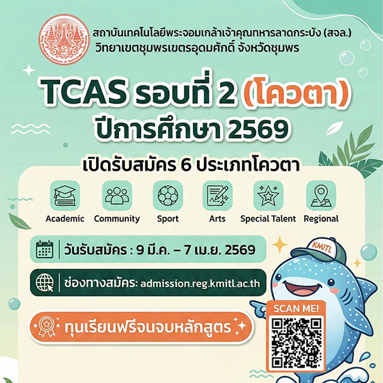 สจล-ชุมพร เปิดรับสมัครนักศึกษาปริญญาตรี TCAS 2 รอบโควตา