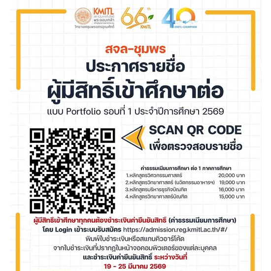 สจล-ชุมพร ประกาศรายชื่อผู้มีสิทธิ์เข้าศึกษาต่อปริญญาตรี TCAS1 แบบ Portfolio ประจำปี 2569